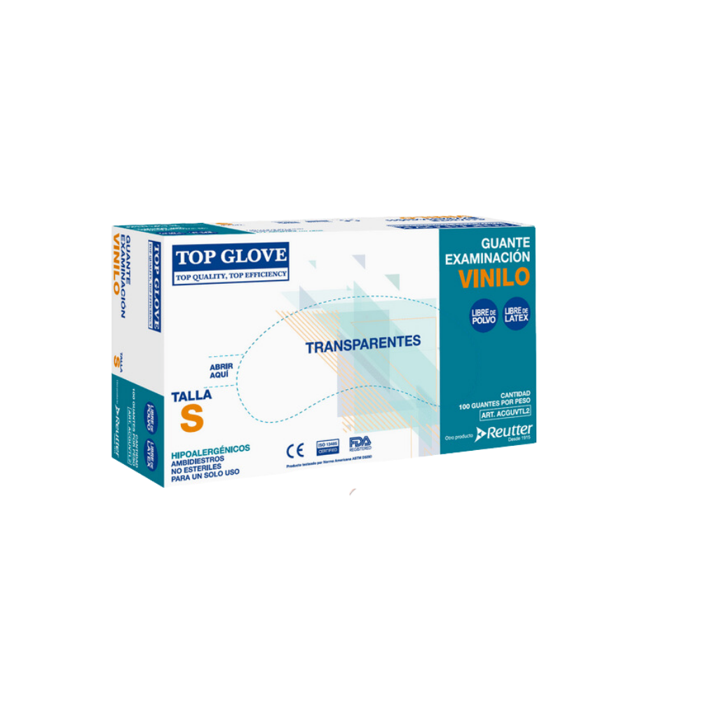 CAJA GUANTES DE VINILO TOP GLOVE "S" SIN POLVO 100 UND